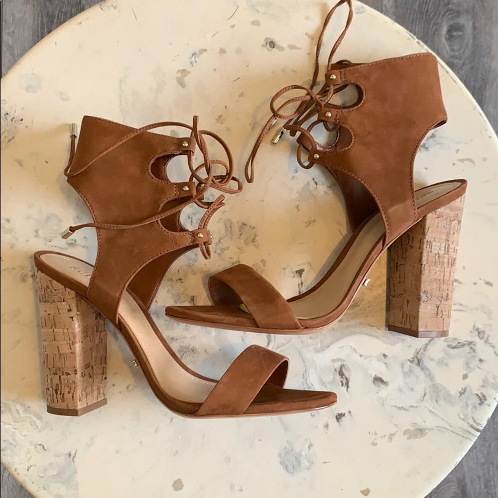 Schutz Cruz sandals suede lace up stacked heels